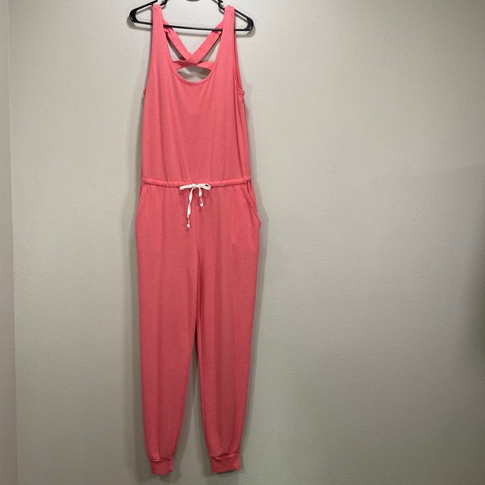 PJ Salvage Women's Large Pink‎ Coral Lounge Pajama Jogger Romper Jumpsuit - Picture 3 of 11